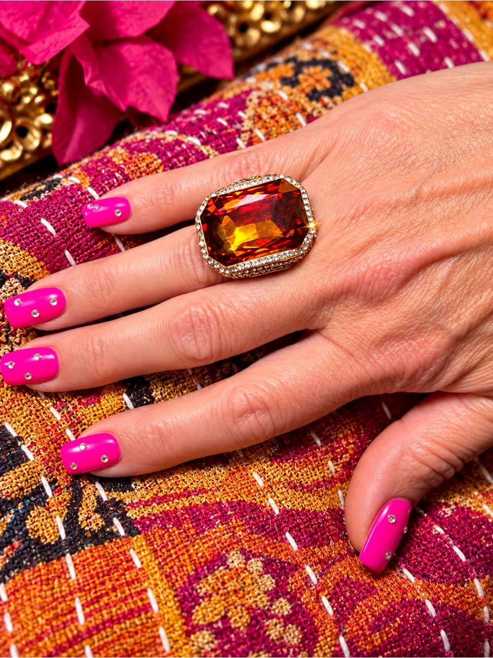 Gold Cocktail Ring with Amber Red Gemstone